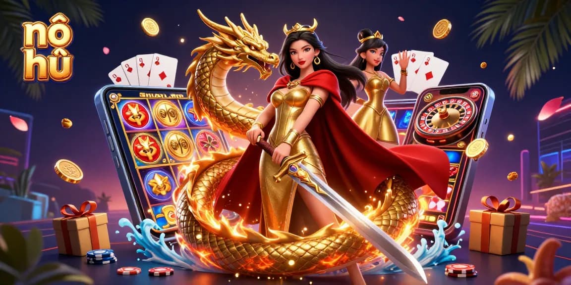 Engaging nổ hũ gaming experience with a beautiful Asian warrior queen amidst vibrant casino elements.