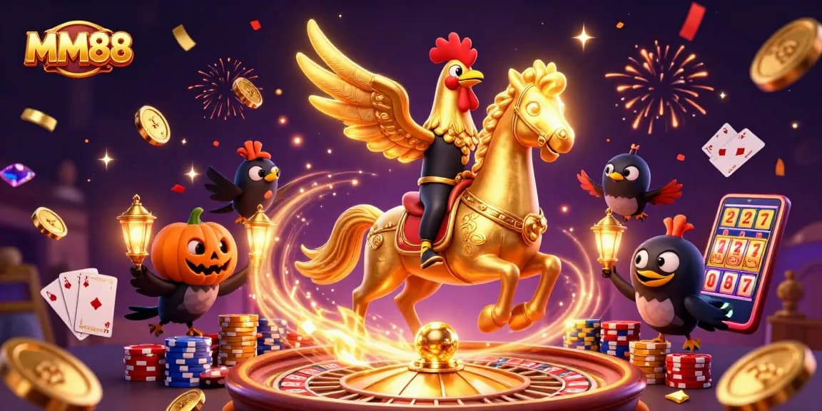 Experience the thrill of MM88 casino with golden rooster and vibrant gaming elements in this dynamic scene.