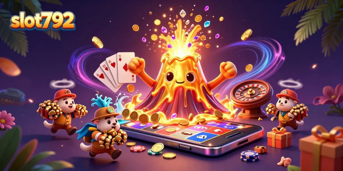 Engage with slot792 as cartoon characters celebrate big wins in a vibrant casino scene.
