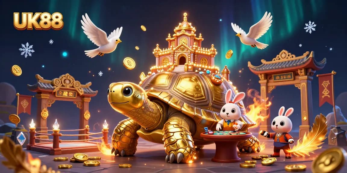 Engage with UK88 in an ultra-detailed 3D casino scene featuring vibrant characters and elements.