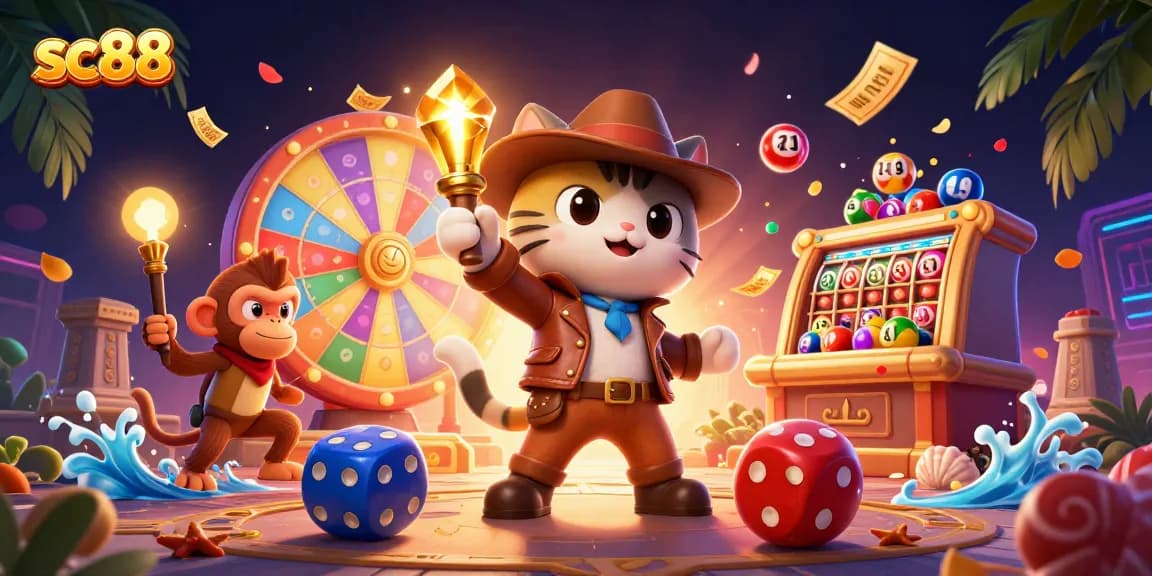 Experience thrilling jackpots and winnings with sc88's vibrant casino atmosphere featuring colorful lottery balls and golden artifacts.
