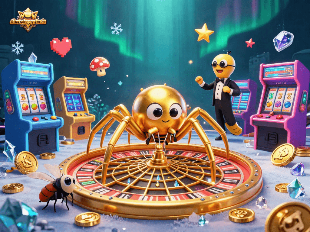 Experience thrilling bets with athenshappytrain as characters spin a roulette web amidst vibrant gaming elements.
