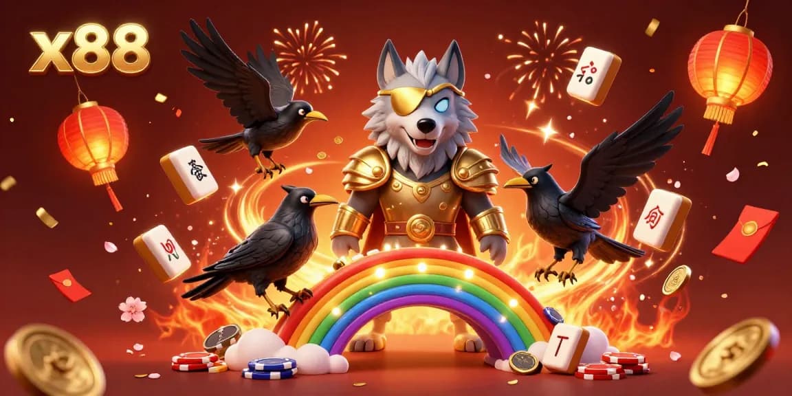 x88 presents an action-packed scene with Odin and his ravens on a casino chip bridge, celebrating wins.