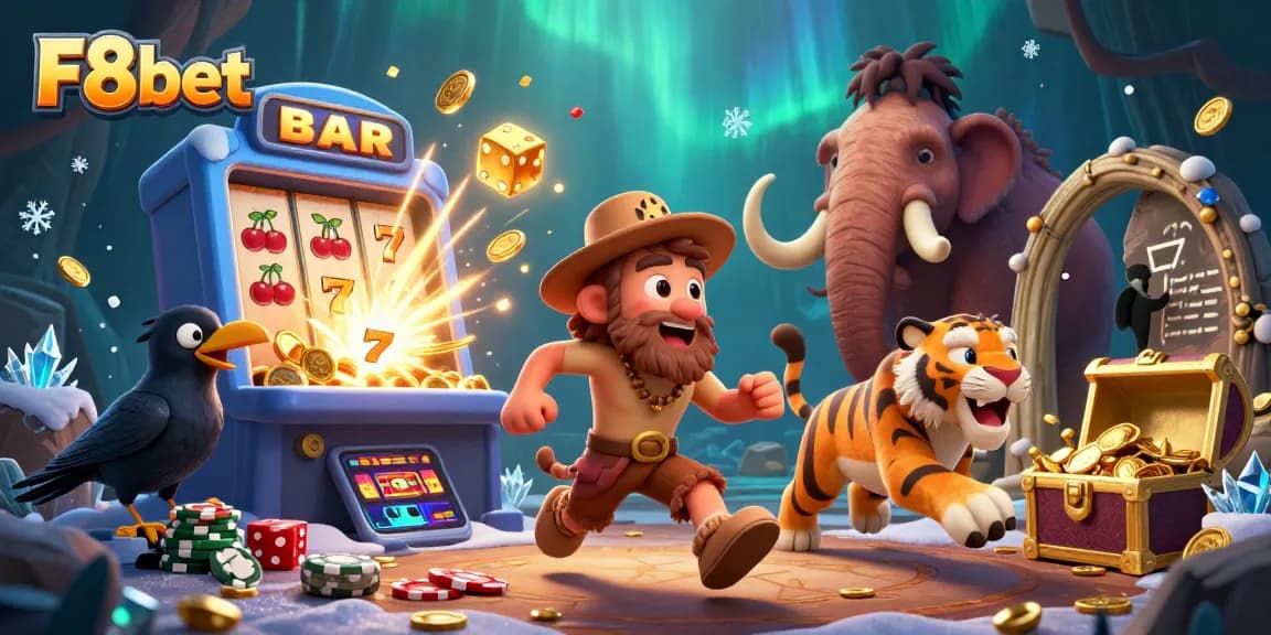F8bet jackpot explosion with 3D characters in an energetic prehistoric casino scene.