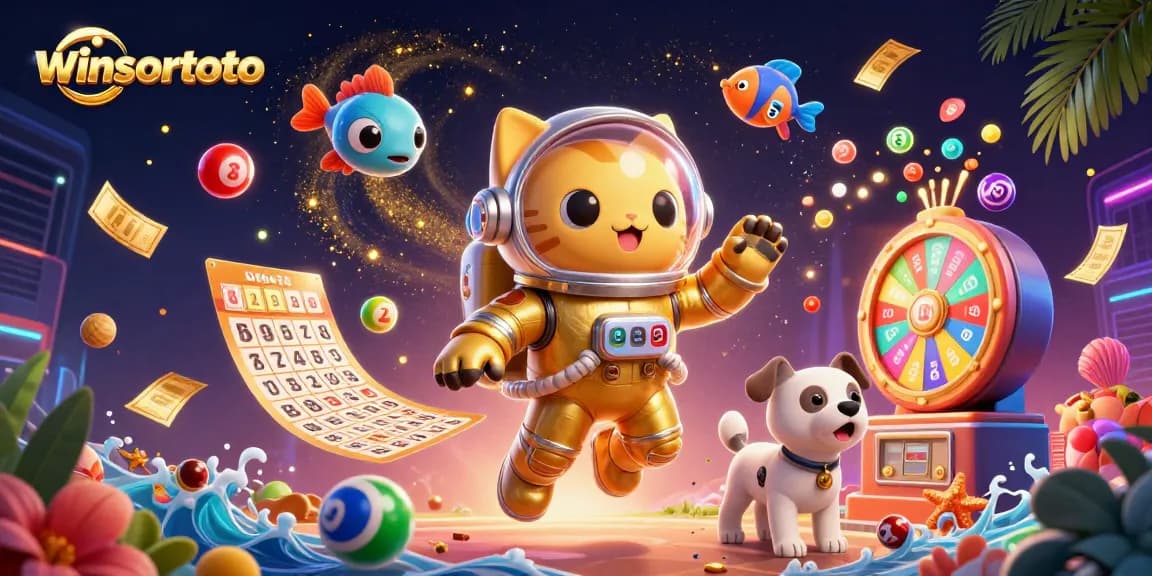 Winsortoto brings excitement with a dynamic, colorful lottery scene featuring 3D characters and game elements.
