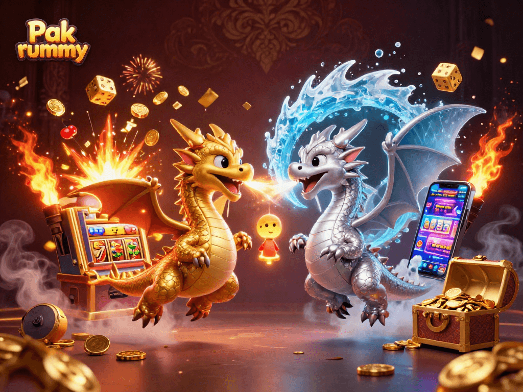 Engage with thrilling Pak rummy gameplay as heroic dragons and casino elements soar in a vibrant 3D illustration.