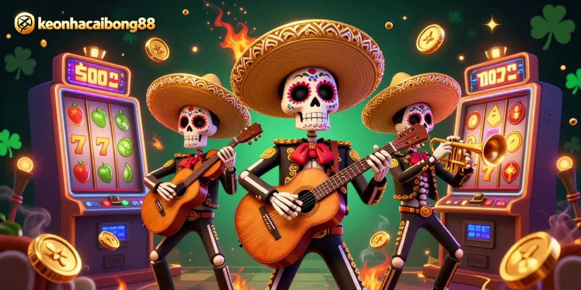 Engage with keonhacaibong88 in an exciting 3D casino scene featuring a mariachi band and vibrant slot machines.