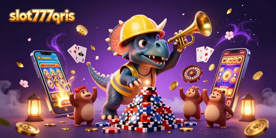 Experience the thrill of slot777qris with a triceratops celebrating jackpots in a vibrant casino scene.