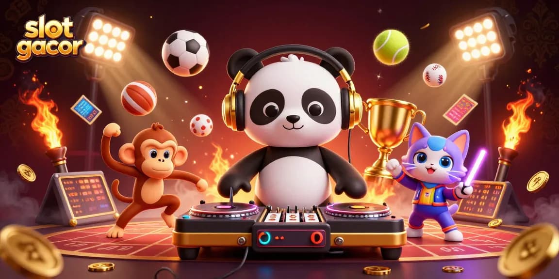 Engage with slot gacor characters amid vibrant casino-themed elements, spinning reels and lively action.