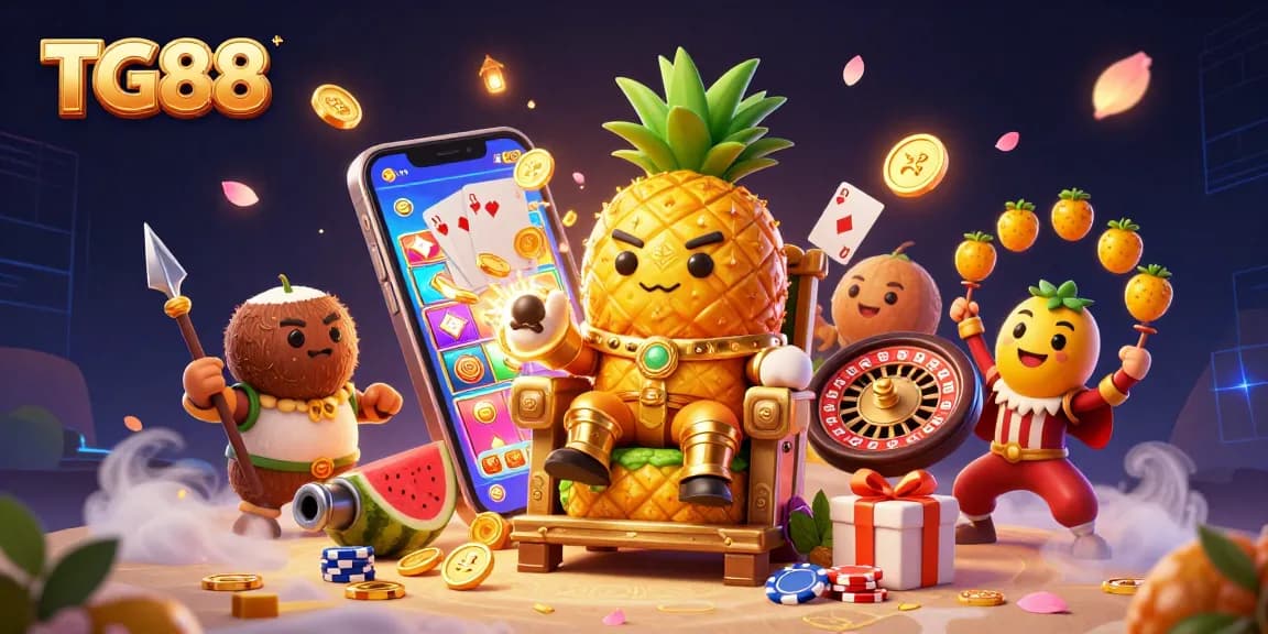 Spin and win at TG88 with the golden pineapple king and jester amidst a vibrant casino atmosphere.
