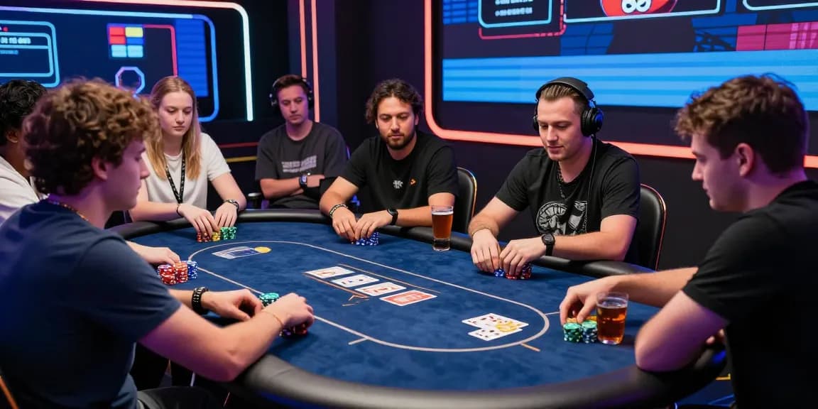 Agen Poker Online players engaged in a thrilling tournament with dynamic screens and snacks in a vibrant atmosphere.