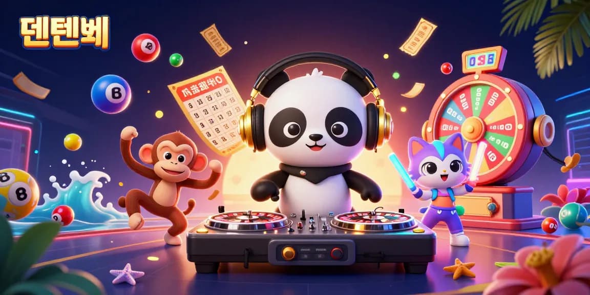 Experience excitement at 텐텐벳 with vibrant lottery balls and three engaging cartoon characters celebrating casino fun.