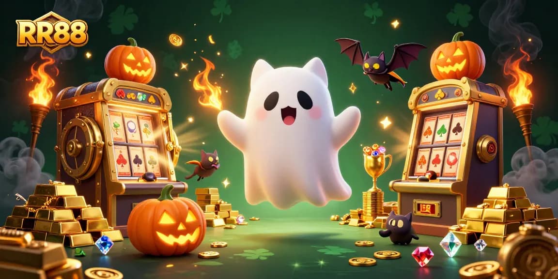 Experience thrilling wagers at RR88 with a friendly ghost cat and a vampire bat, surrounded by glowing treasures.