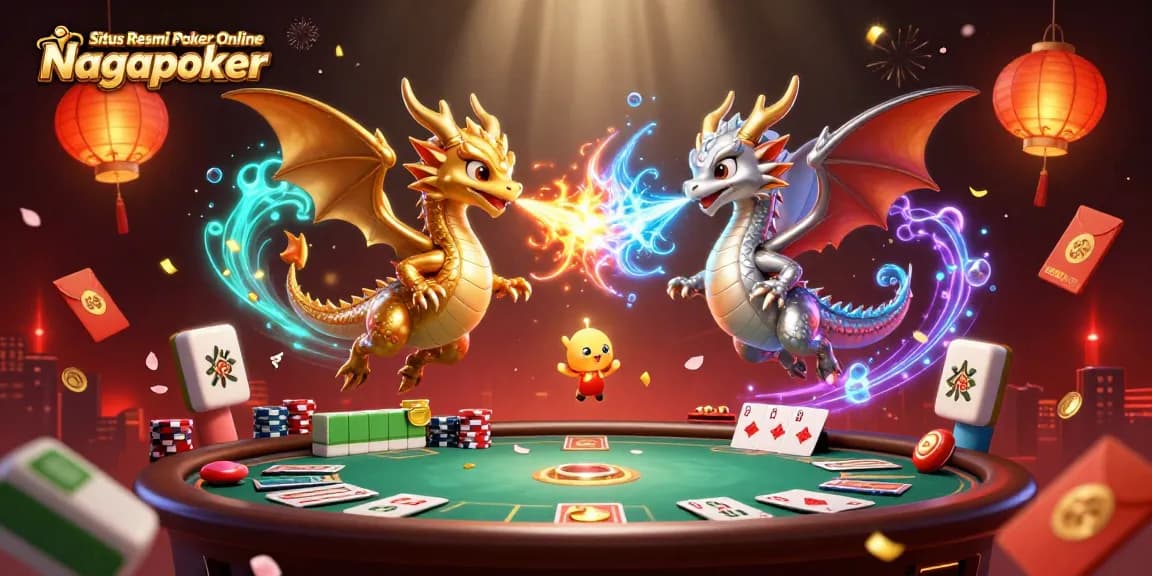 Situs Resmi Poker Online Nagapoker showcasing dynamic 3D dragons and poker elements for ultimate gaming excitement