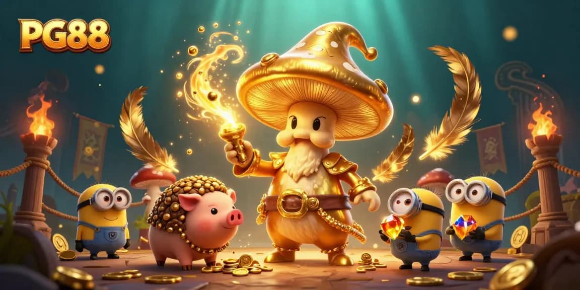 PG88 celebrates gaming magic with a wizard, truffle pig, and treasures in a stunning casino arena.