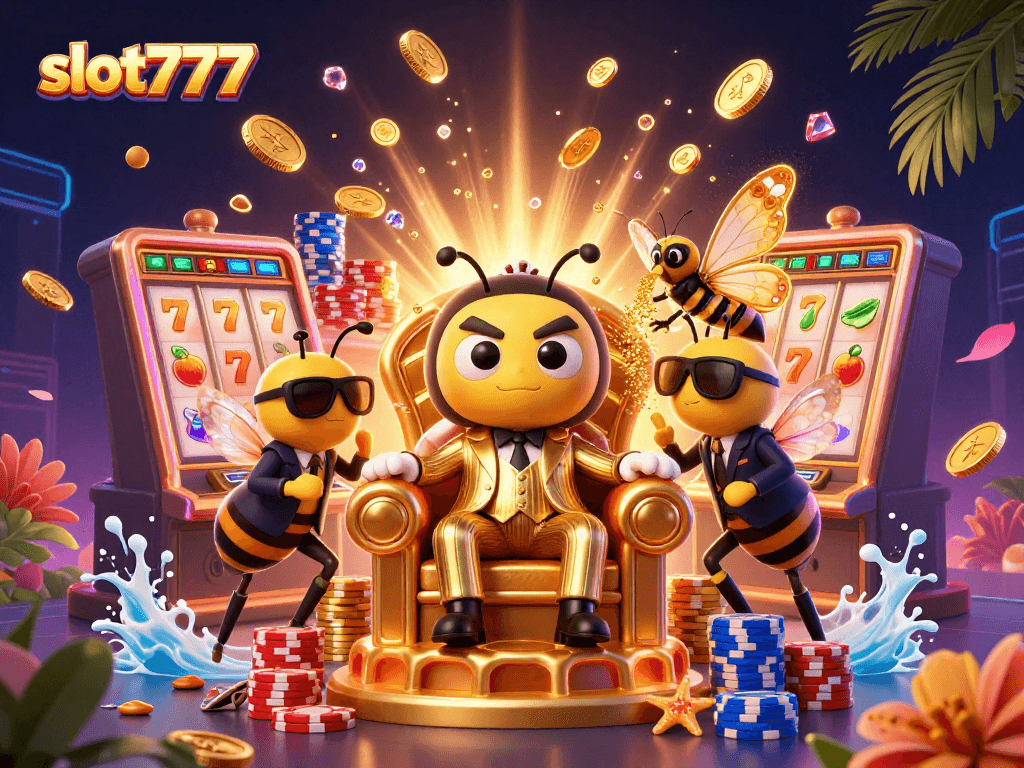 Experience thrill with slot777 in a dynamic 3D casino scene filled with coins and jackpot elements.
