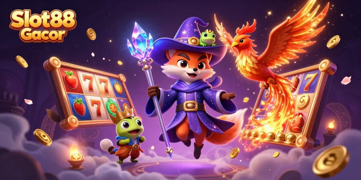 Experience the thrill of Slot88 Gacor with a mystical wizard fox, phoenix, and exciting slot elements.