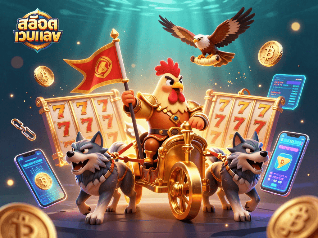 Spin with excitement at สล็อตเว็บตรง in this vibrant 3D casino illustration with animated characters and gaming elements.