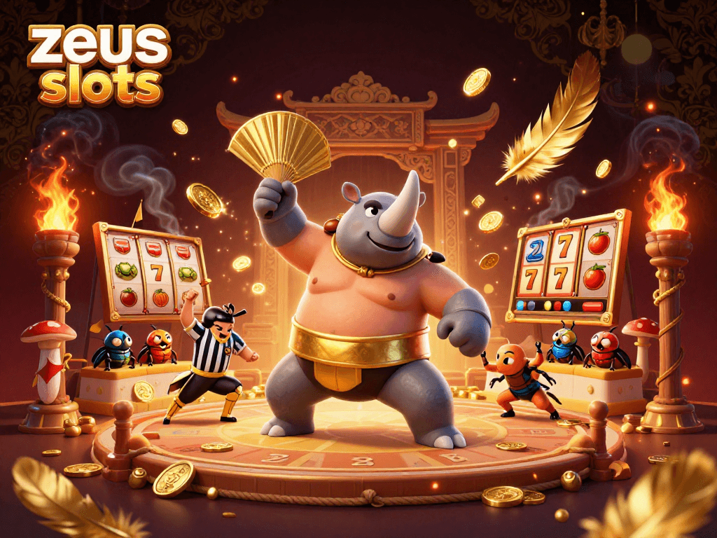 Engage with zeus slots through this dynamic scene featuring beetle champions and golden rewards.