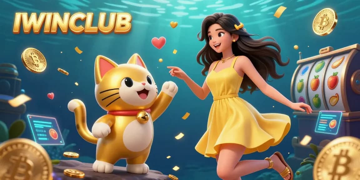 IWINCLUB illuminates new slot game experiences with golden coins and vibrant characters in this 3D illustration.