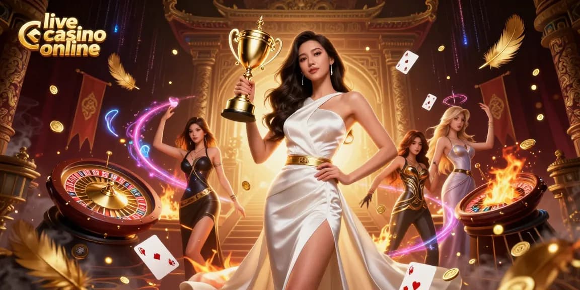 Experience excitement with live casino online featuring a trophy winner and vibrant game elements.