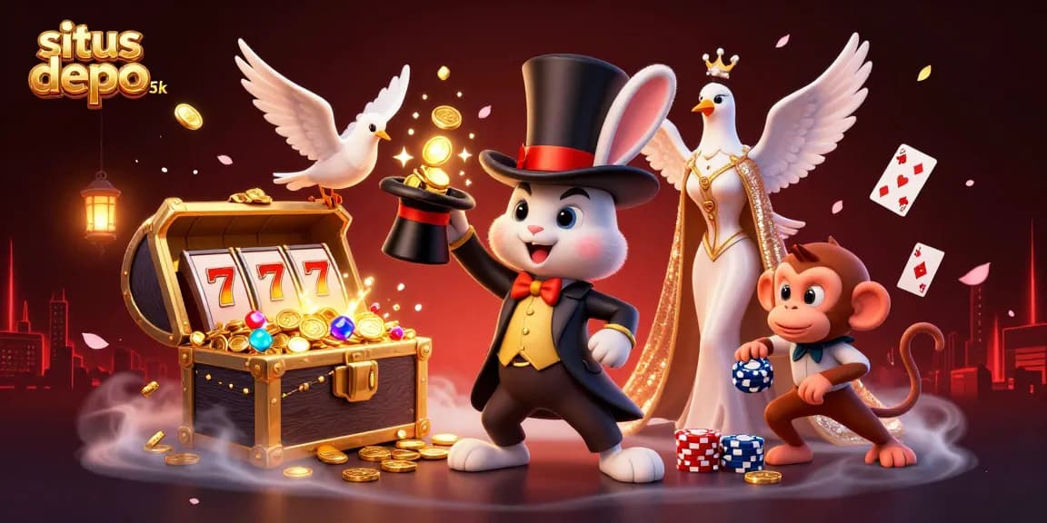Experience the thrill at situs depo 5k featuring a magician rabbit pulling coins from a top hat surrounded by vibrant casino elements.