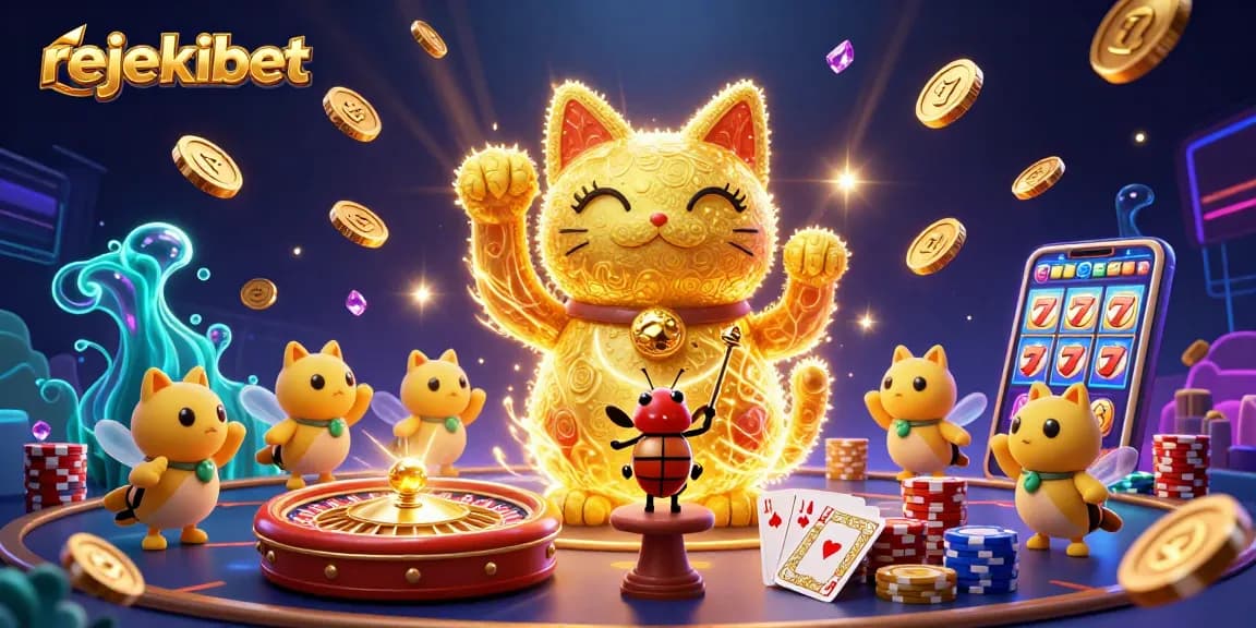 Experience thrilling wins with rejekibet, featuring a lively 3D scene of casino excitement and shimmering symbols.
