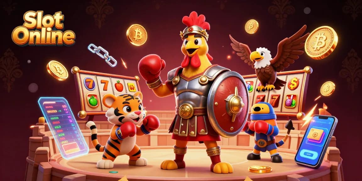 Spin to win with Slot Online featuring a dynamic 3D illustration of casino elements and characters.
