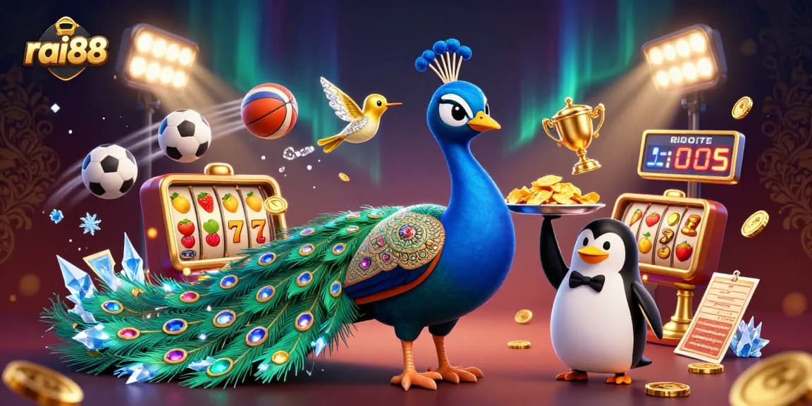 Engage with rai88's enchanting casino scene featuring a peacock and sports elements.