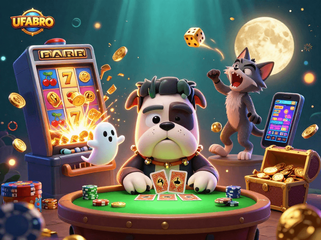 UFABRO brings excitement with a bullish cartoon character dealing cards at a casino gaming table.
