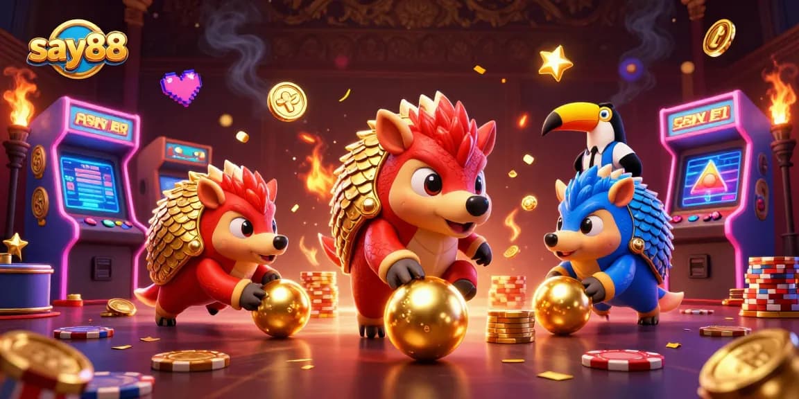 Experience the excitement at say88 with playful pangolins competing amidst vibrant casino elements and golden rewards.
