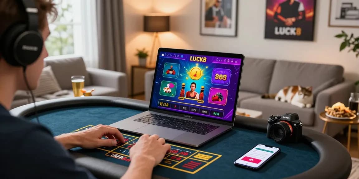 Immersive online gaming session showcasing LUCK8 platform features in a cozy home setup.