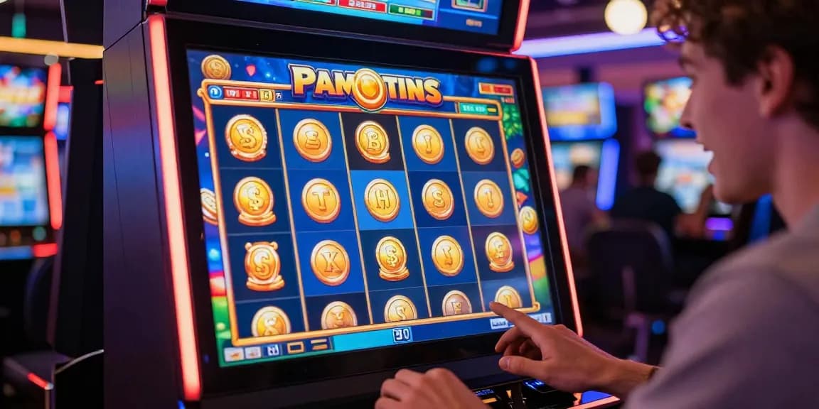 Slot permainan online yang menampilkan mesin slot dengan grafis berwarna-warni dan simbol animasi, menggambarkan suasana kasino yang hidup.