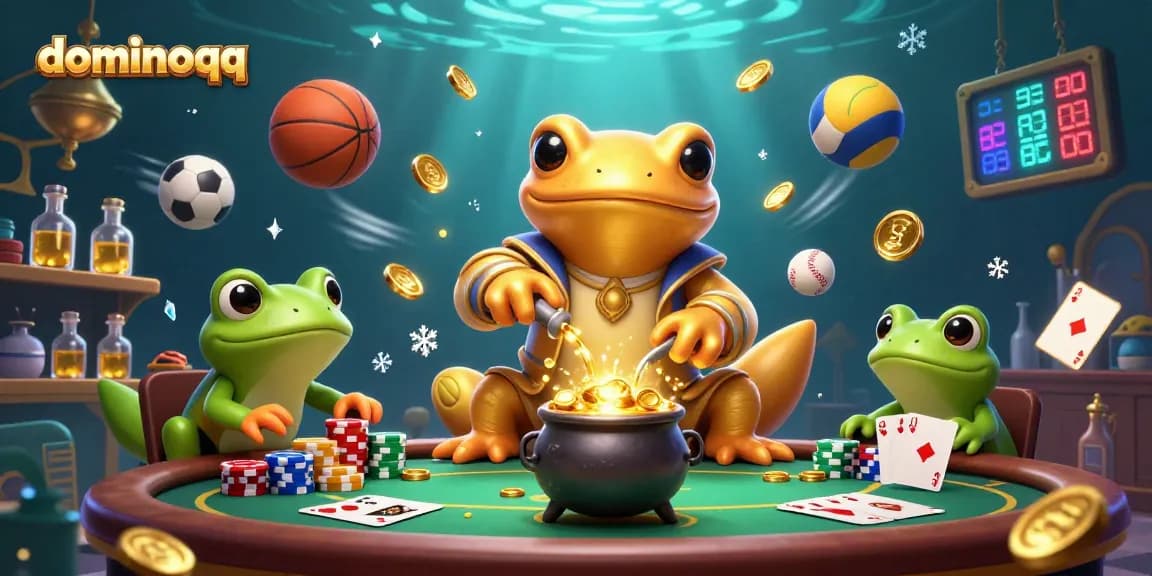 Engage with dominoqq's thrilling poker and sports betting action in a vibrant 3D casino illustration.