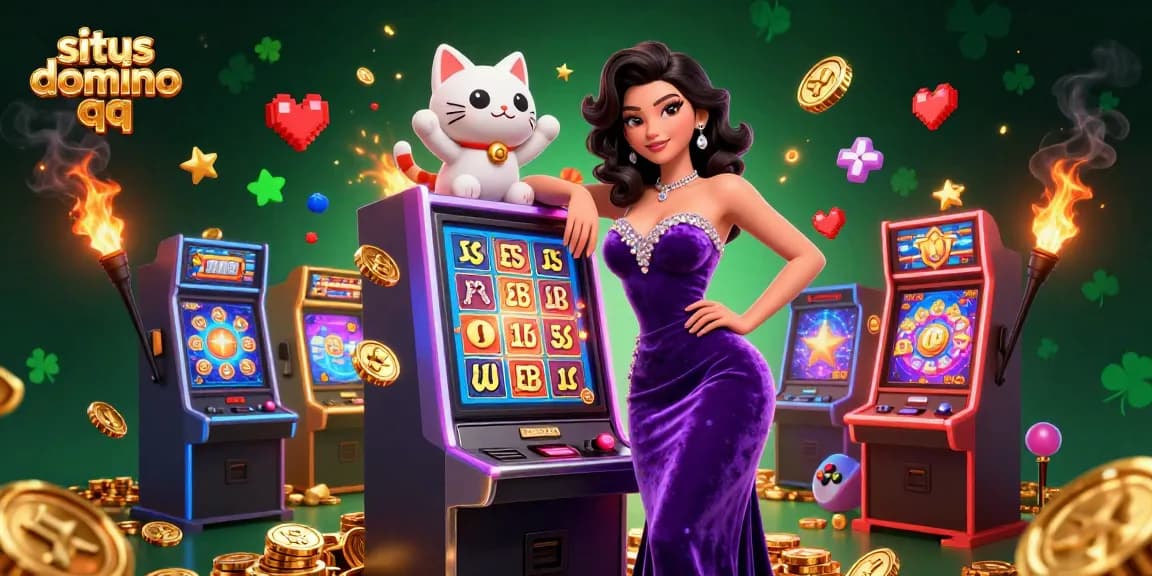 Win big at situs domino qq with vibrant gaming visuals, slot machines, and fortune cat.