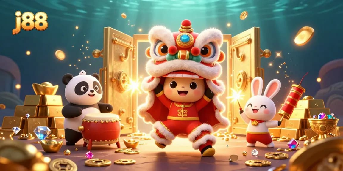 Experience winning excitement with j88's thrilling lion dance celebration in a vibrant casino scene.