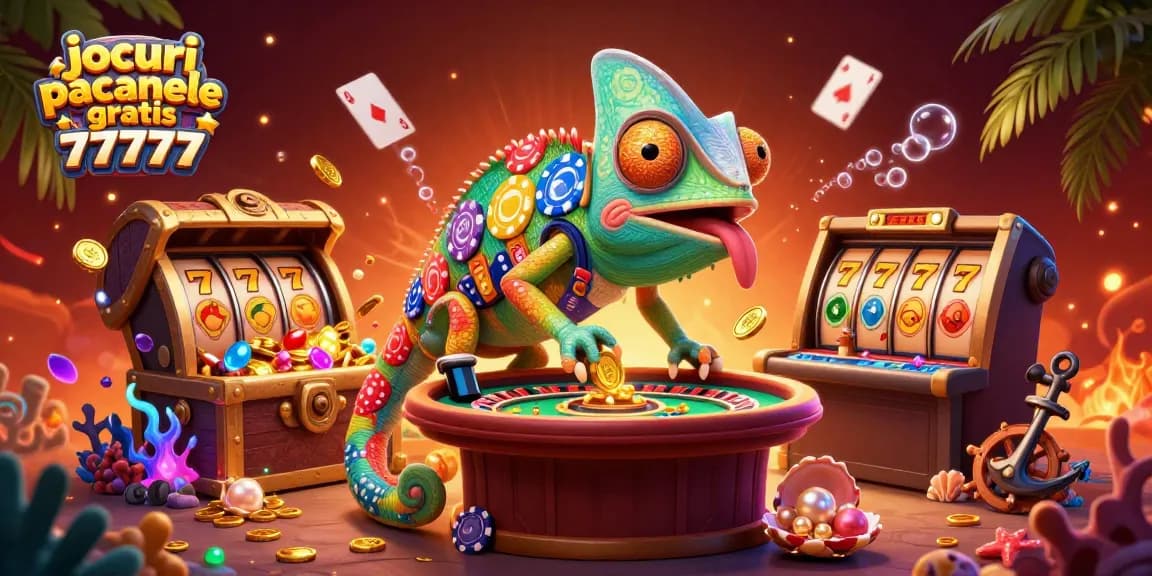Joacă jocuri pacanele gratis 77777 cu un chameleon 3D pe un fundal vibrant al casinoului.