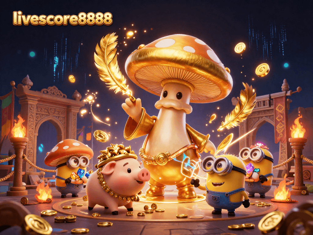 Experience livescore8888 with a golden wizard and treasure-hunting pig in an exciting casino scene.