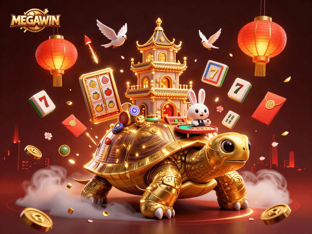 Engage in MEGAWIN excitement with 3D symbols and a lively casino tortoise scene.