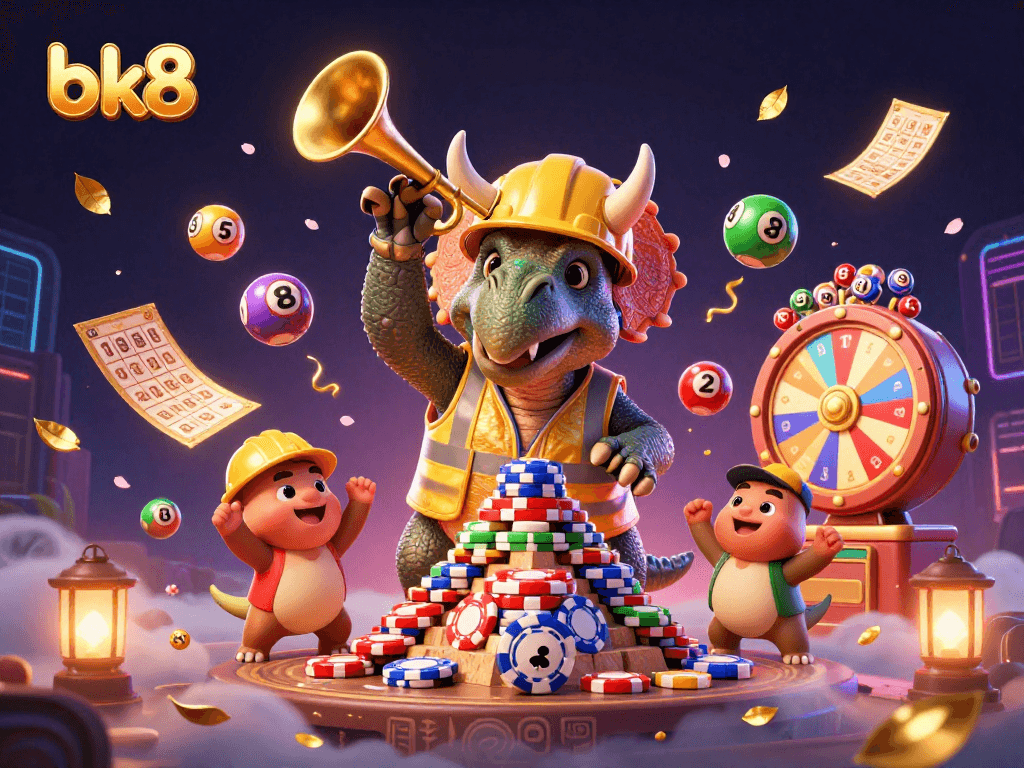 Win big with bk8 in this dynamic casino-themed illustration featuring a friendly dinosaur crew!