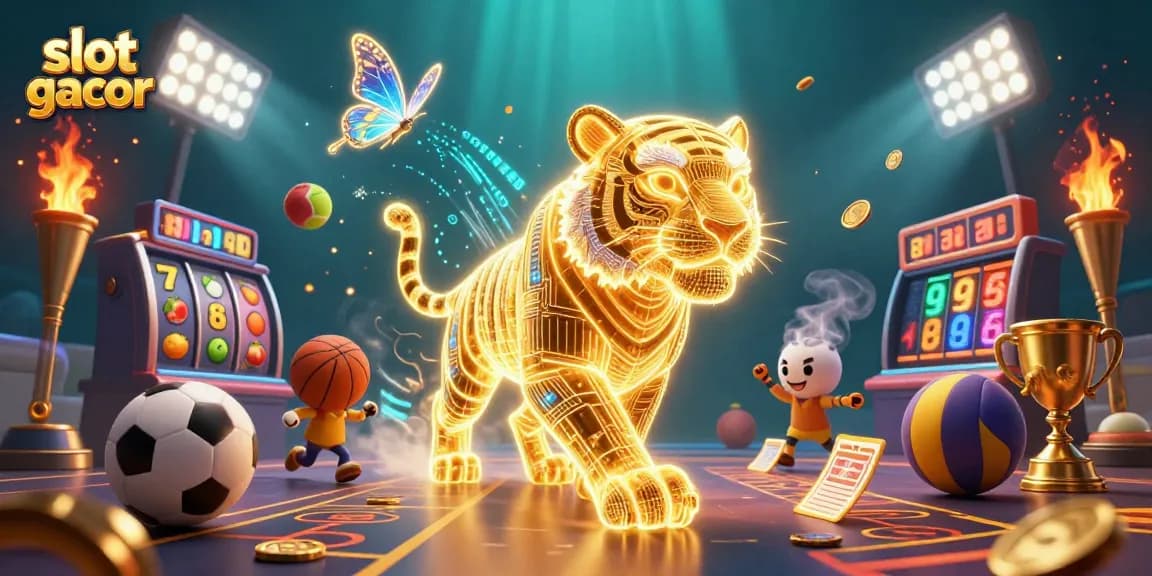 Experience the thrill of slot gacor with dynamic elements and a golden tiger lighting up the casino.