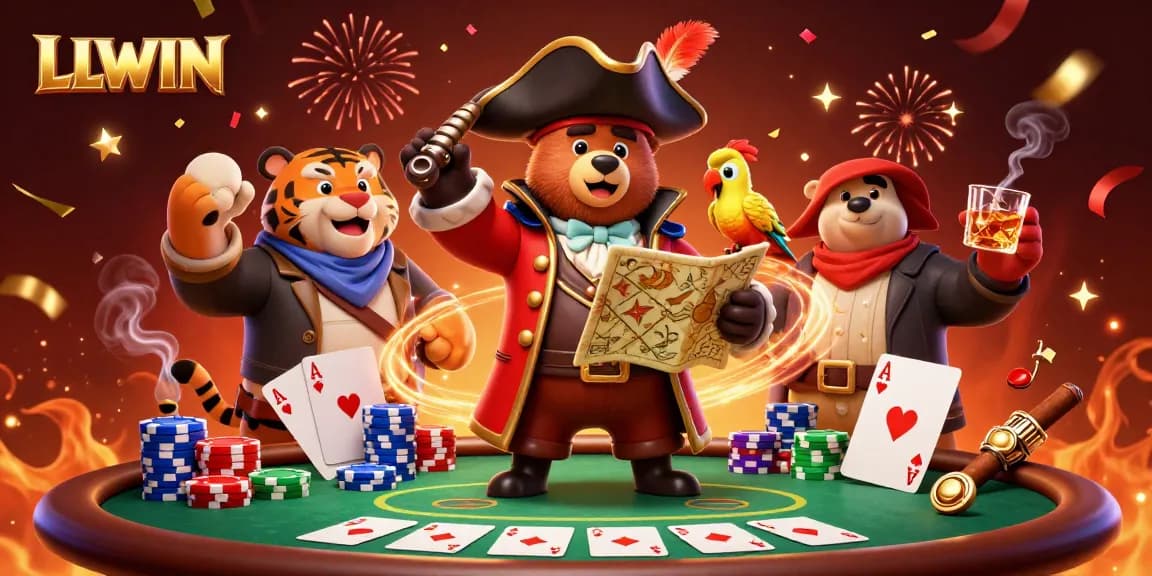 Join the thrilling poker action at LLWIN with a pirate bear and tiger first mate amidst vibrant casino elements.
