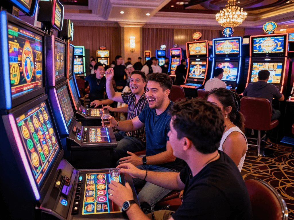 Friends enjoying an exciting bandar slot game in a vibrant casino setting.