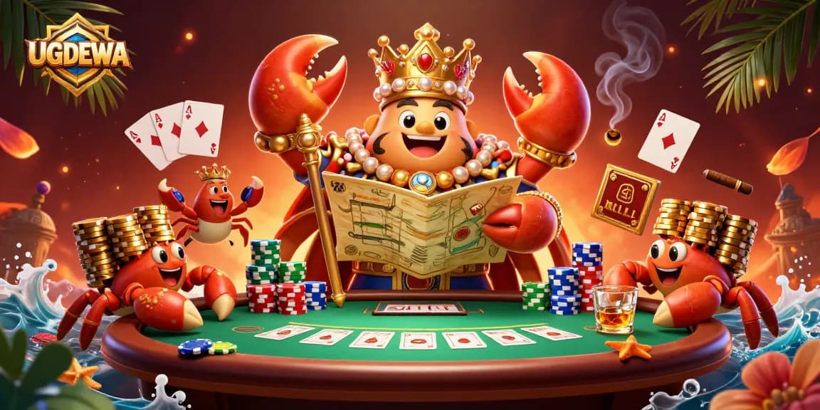 Experience dynamic gaming with UGDEWA's golden crab emperor amidst vibrant casino elements.