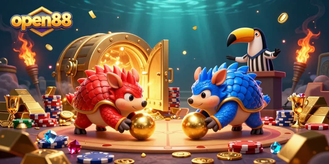 open88 pangolins bowling through poker chips in a rich casino-themed illustration.