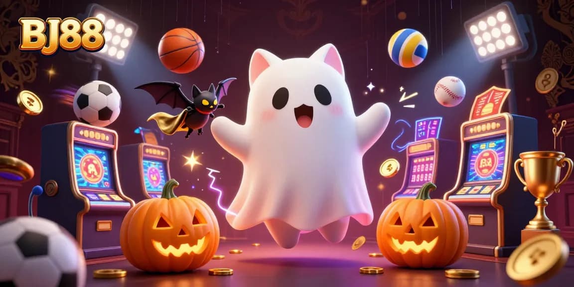 Experience thrilling 3D action at BJ88 with a ghost cat and vampire bat in a haunted casino.