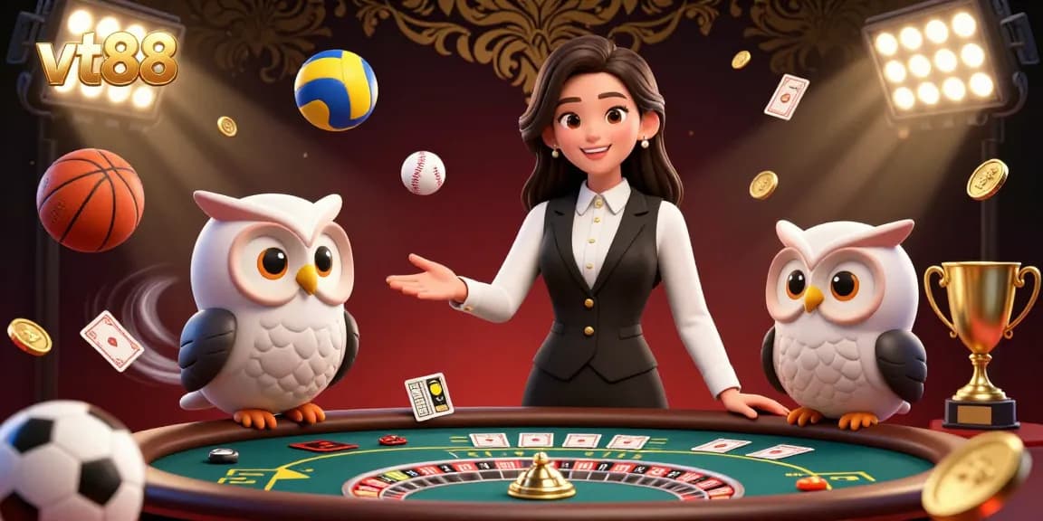 Experience thrilling baccarat gameplay with vt88 in this vibrant 3D illustration showcasing professional dealers.