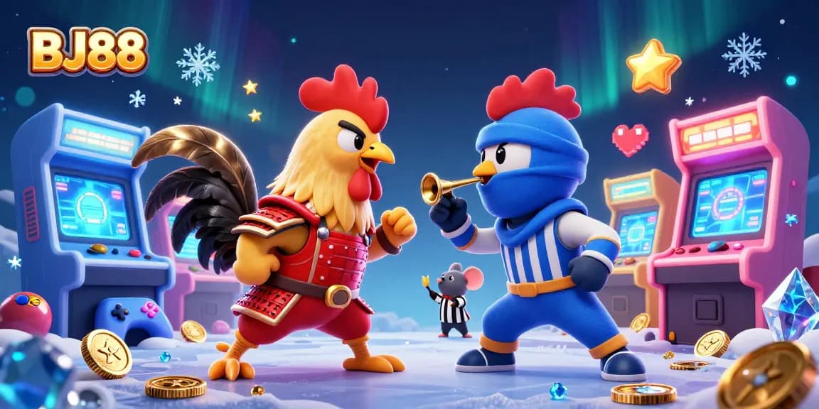 Engage in thrilling action with BJ88's vibrant cartoon illustration of fighting roosters and arcade elements.