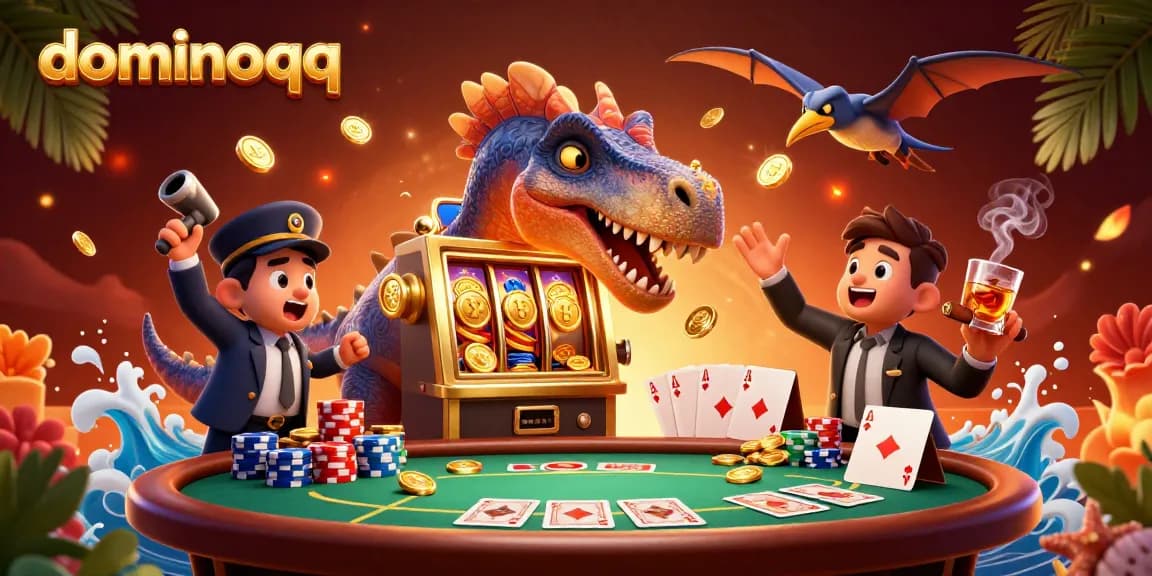 Experience the thrill of dominoqq as a pachycephalosaurus headbutts a jackpot slot machine in a dynamic casino scene.