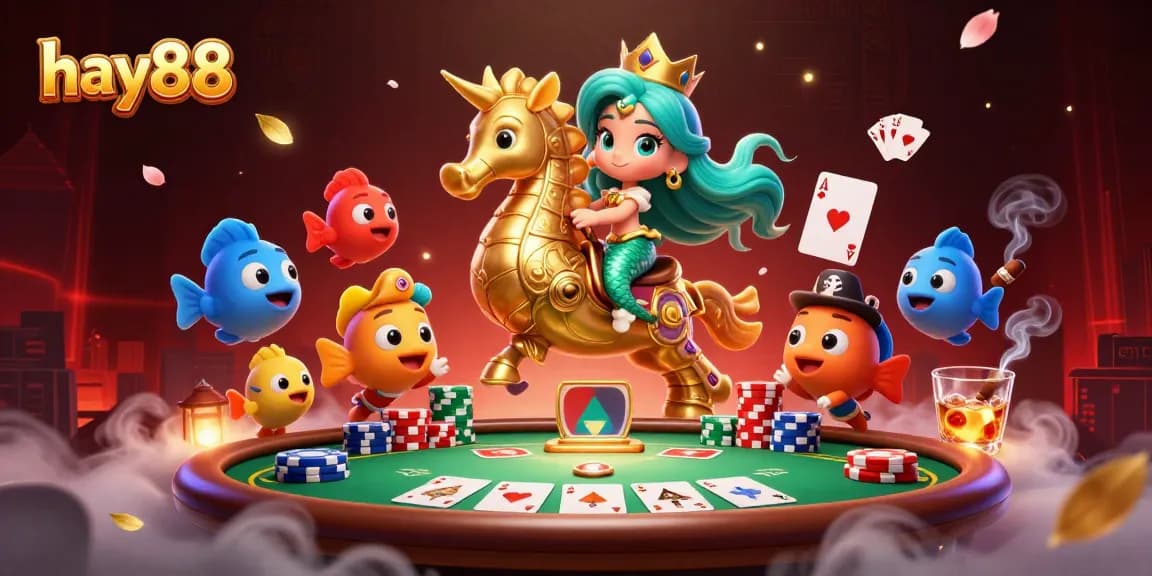 Experience thrilling gaming action at hay88 with a mermaid princess and seahorse in an underwater poker scene.